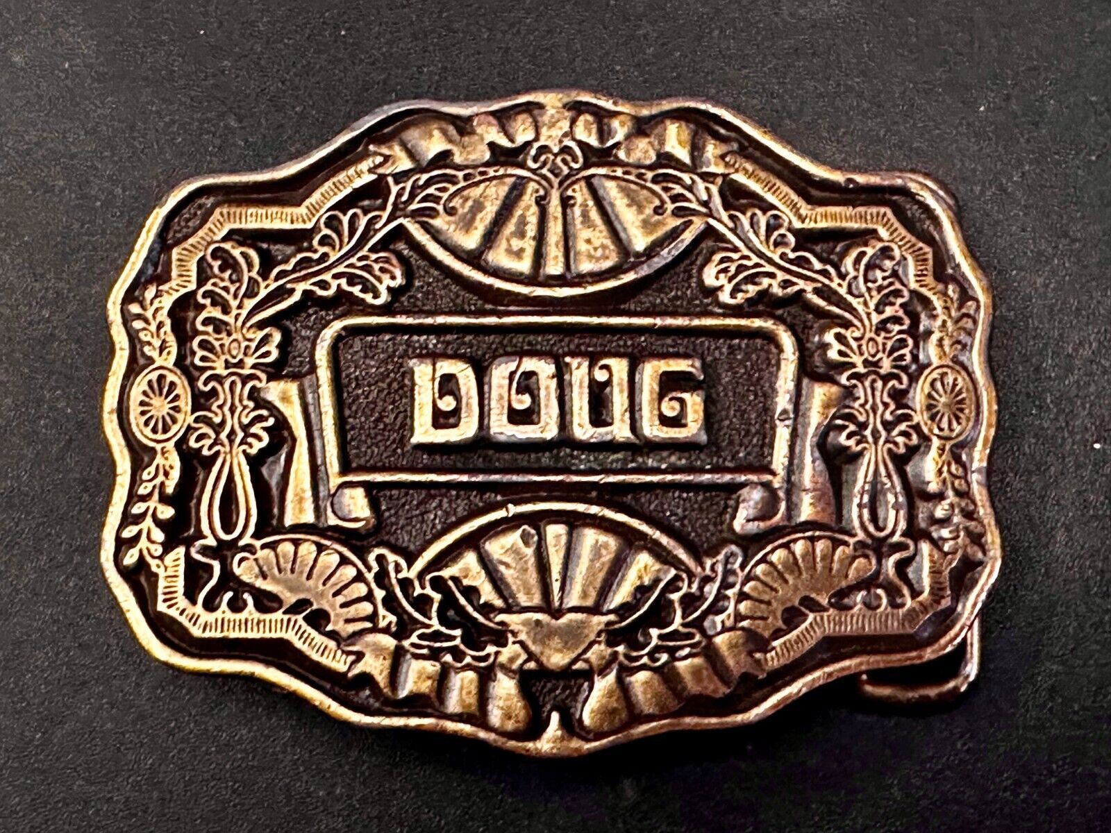 1970s DOUG Name - Custom Brass Tone Metal Oden USA Personalized Belt Buckle