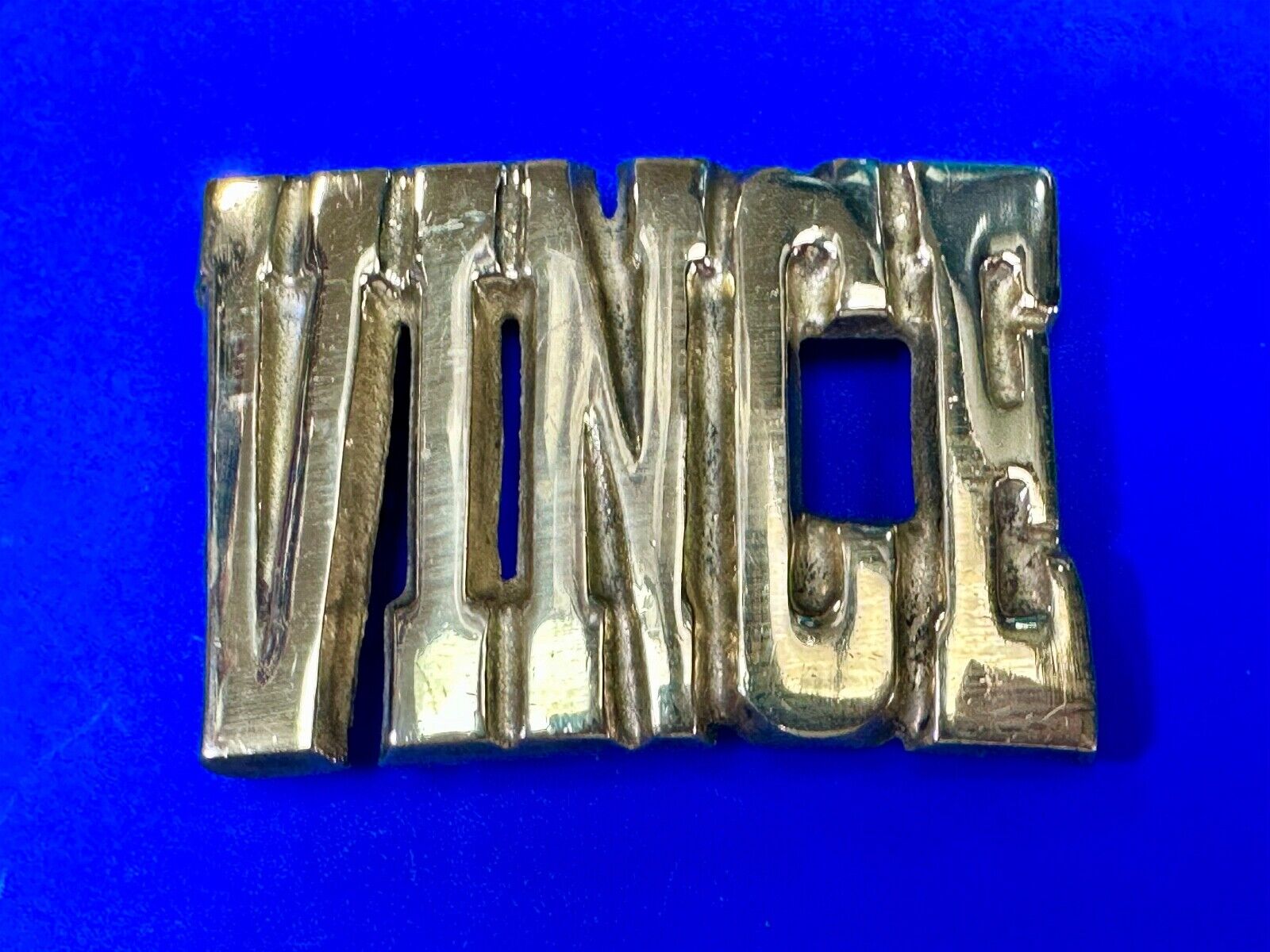 Vince,  Cutout block letters solid brass Vintage belt buckle marked Taiwan ROC