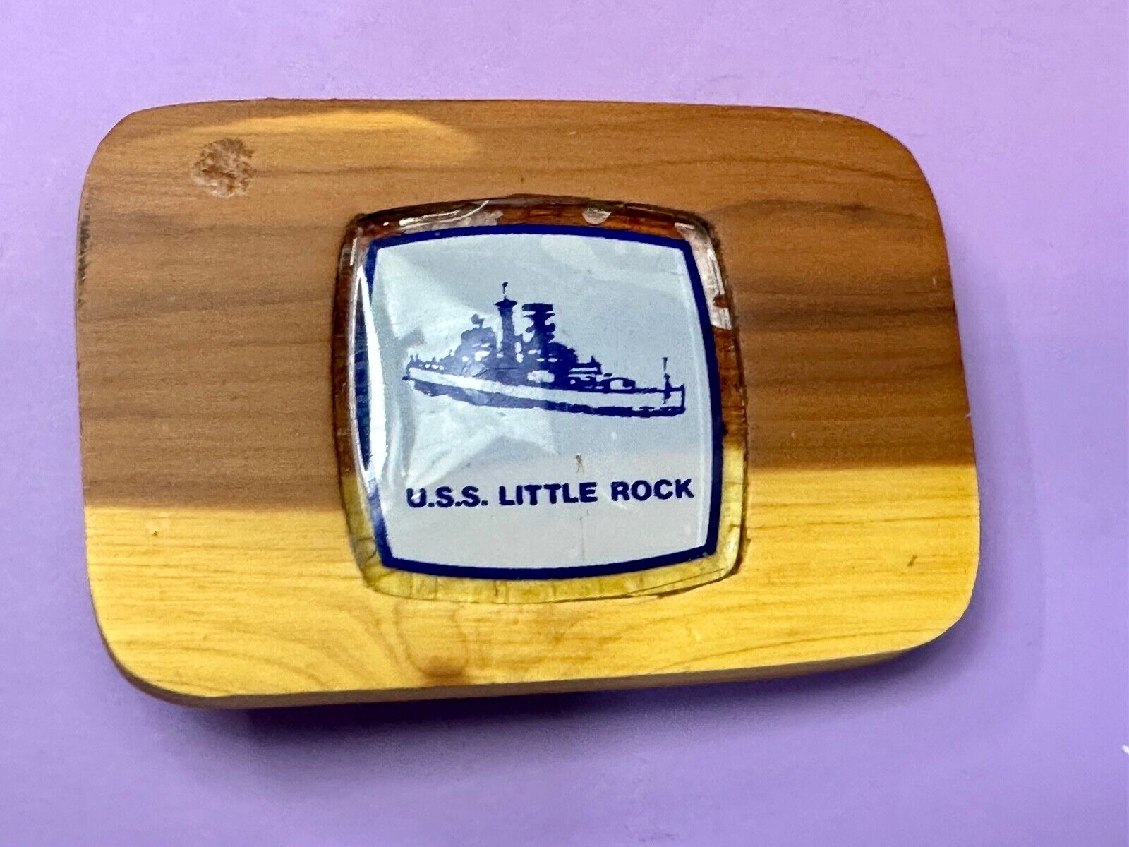U.S.S Little Rock Combat Navy Ship Pin Custom Artisan Inlaid to Wood Belt Buckle