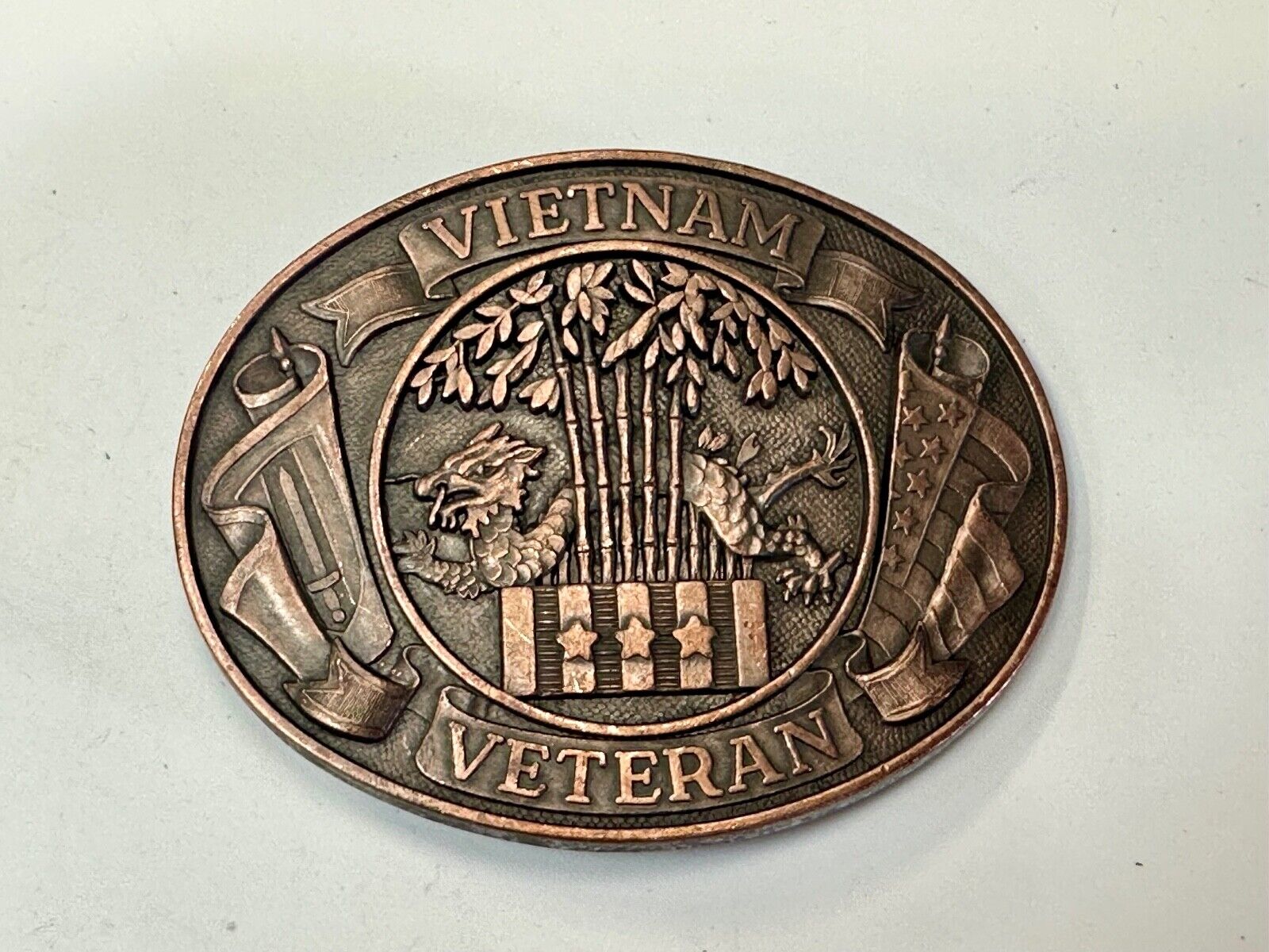 Vietnam War Veteran - vintage dragon, Patriotic American Flag oval belt buckle