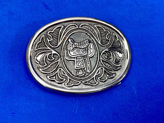 Vintage Chrome Color Western Horse Saddle Cowboy Silver Tone Belt Buckle Avon