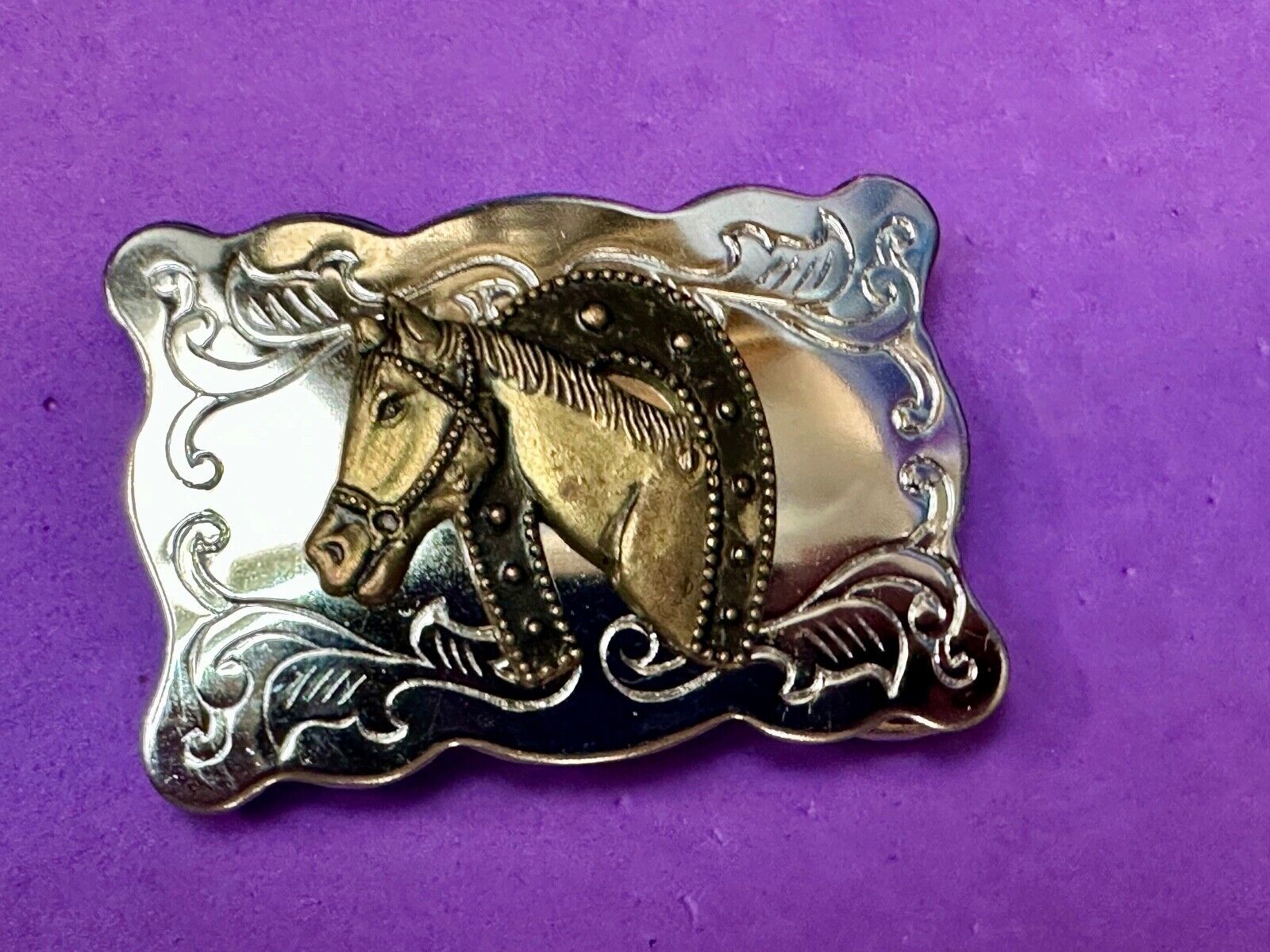 Vintage lucky horseshoe with head centerpiece on western two tone belt buckle