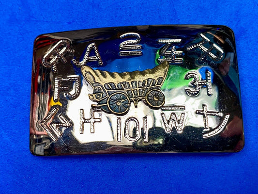 Vintage Belt Buckle Covered Wagon Cattle Brands Symbols Chambers Belt Co. U.S.A 