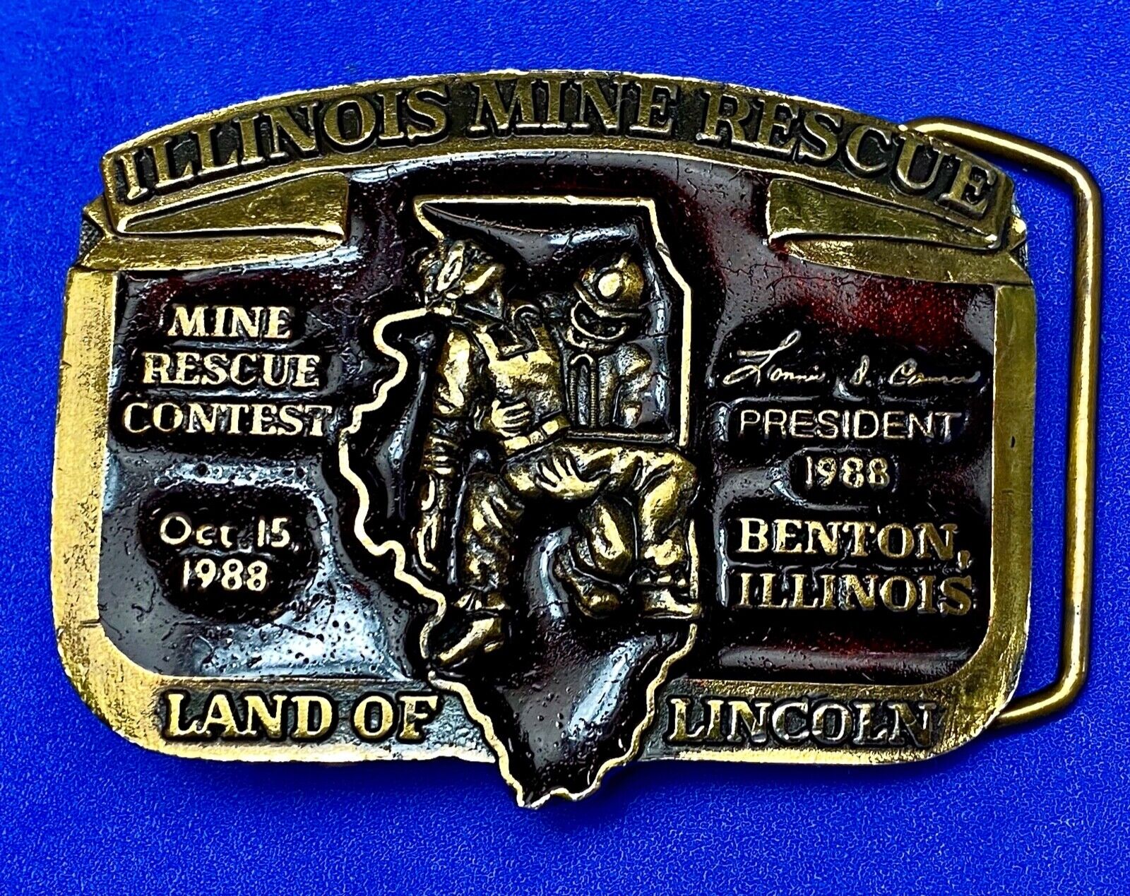 Vintage Illinois Mine Rescue, The land of Lincoln belt buckle  Stonebridge Press