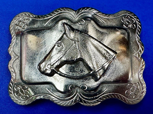 Vintage Horse Head Bust silver tone Floral Engraved Belt Buckle