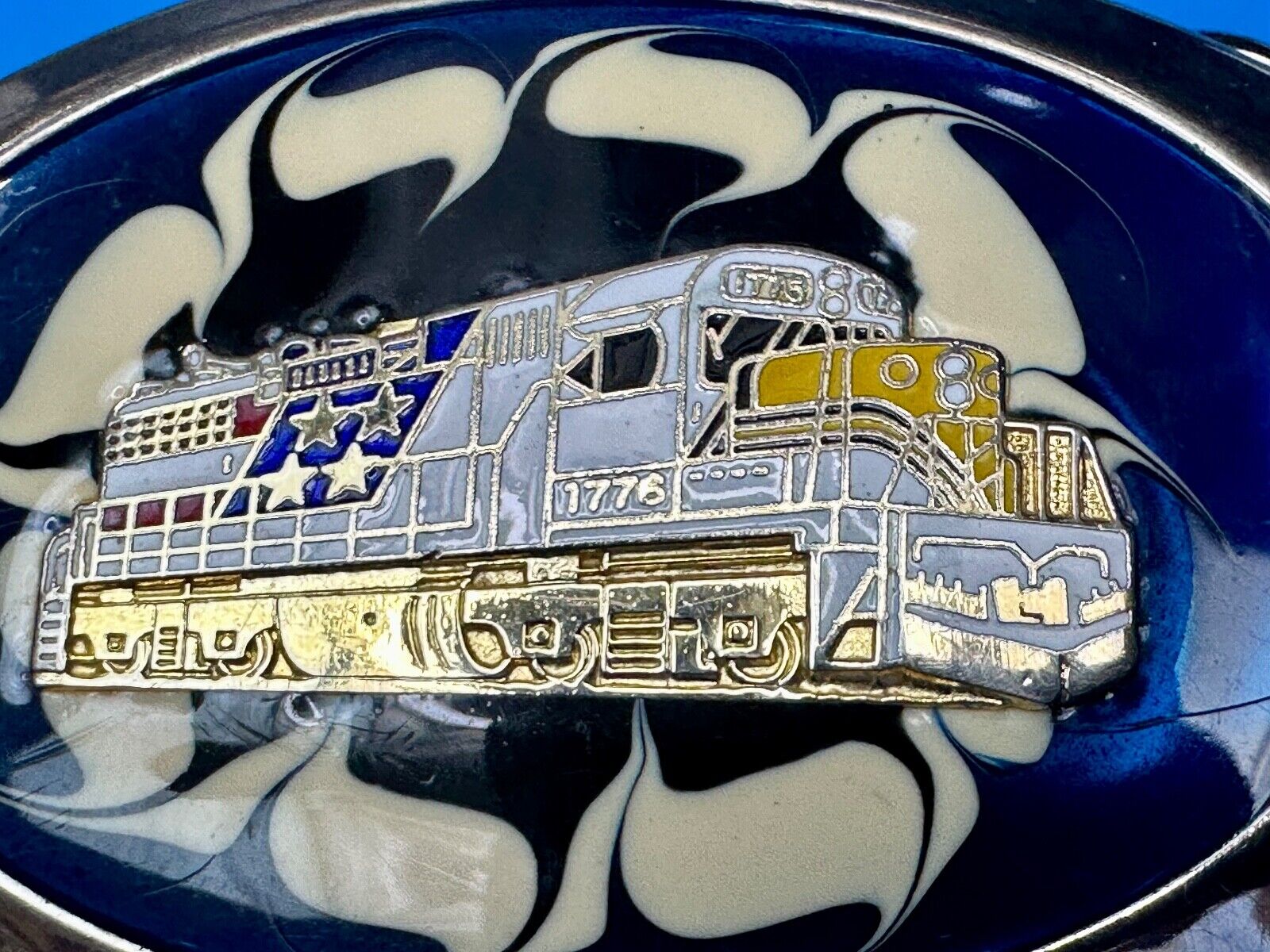 Artisan Trail Car Engine on retro swirl background Vintage Oval Belt Buckle