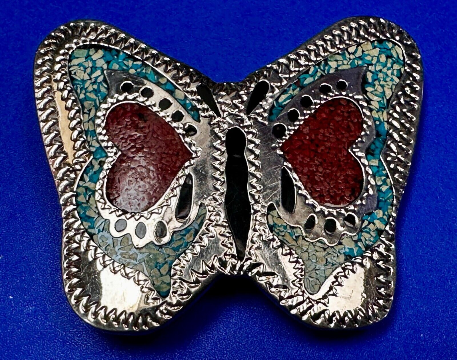Beautiful Butterfly Figural Turquoise Coral Chips Inlay Cutout 3" Belt Buckle