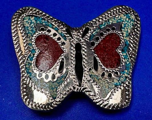 Beautiful Butterfly Figural Turquoise Coral Chips Inlay Cutout 3" Belt Buckle