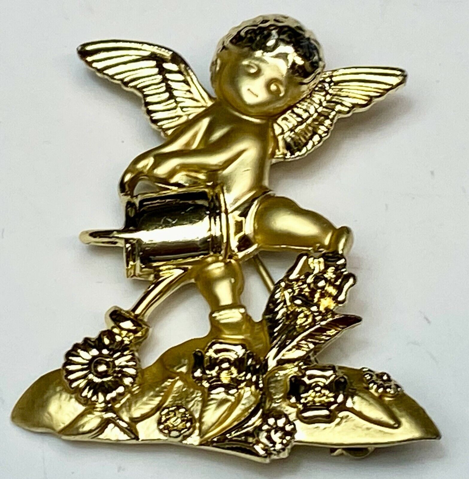 Angle Watering Flower Garden Plants Cupid Brooch Pin Signed AJC 