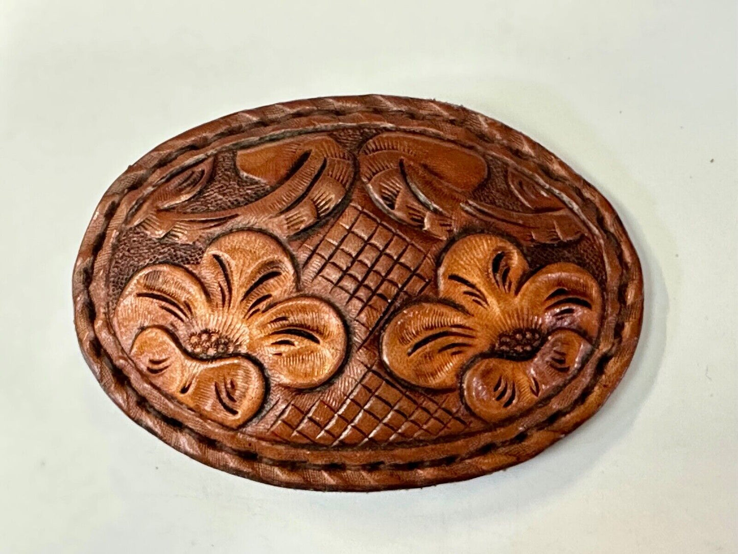 4" wide brown leather floral theme hand stitched artisan belt buckle