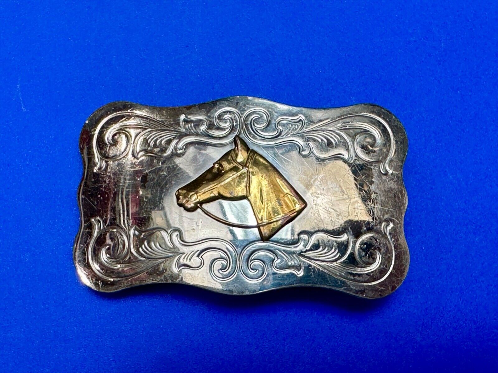 Vintage Chambers nickel silver Horse head centered on western belt buckle