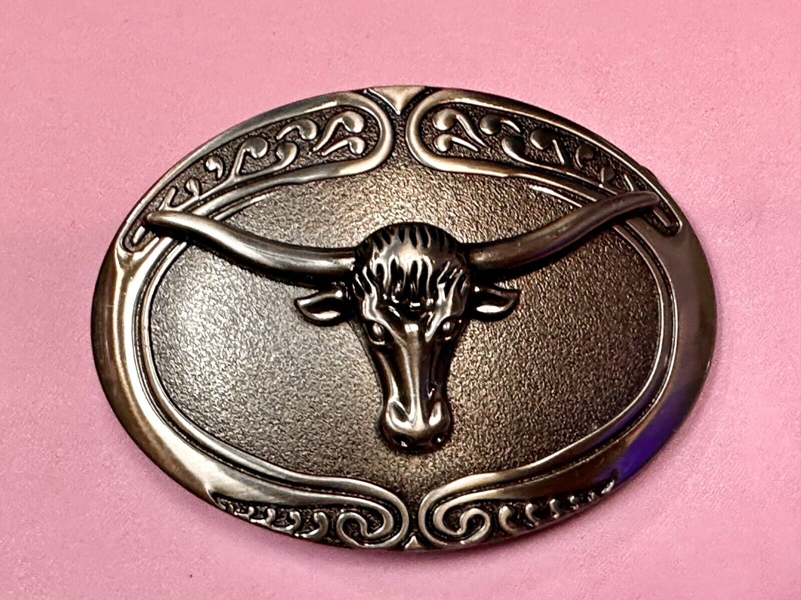Texas Longhorn Steer Rodeo Bull Vintage Silver Tone Western Oval Belt Buckle