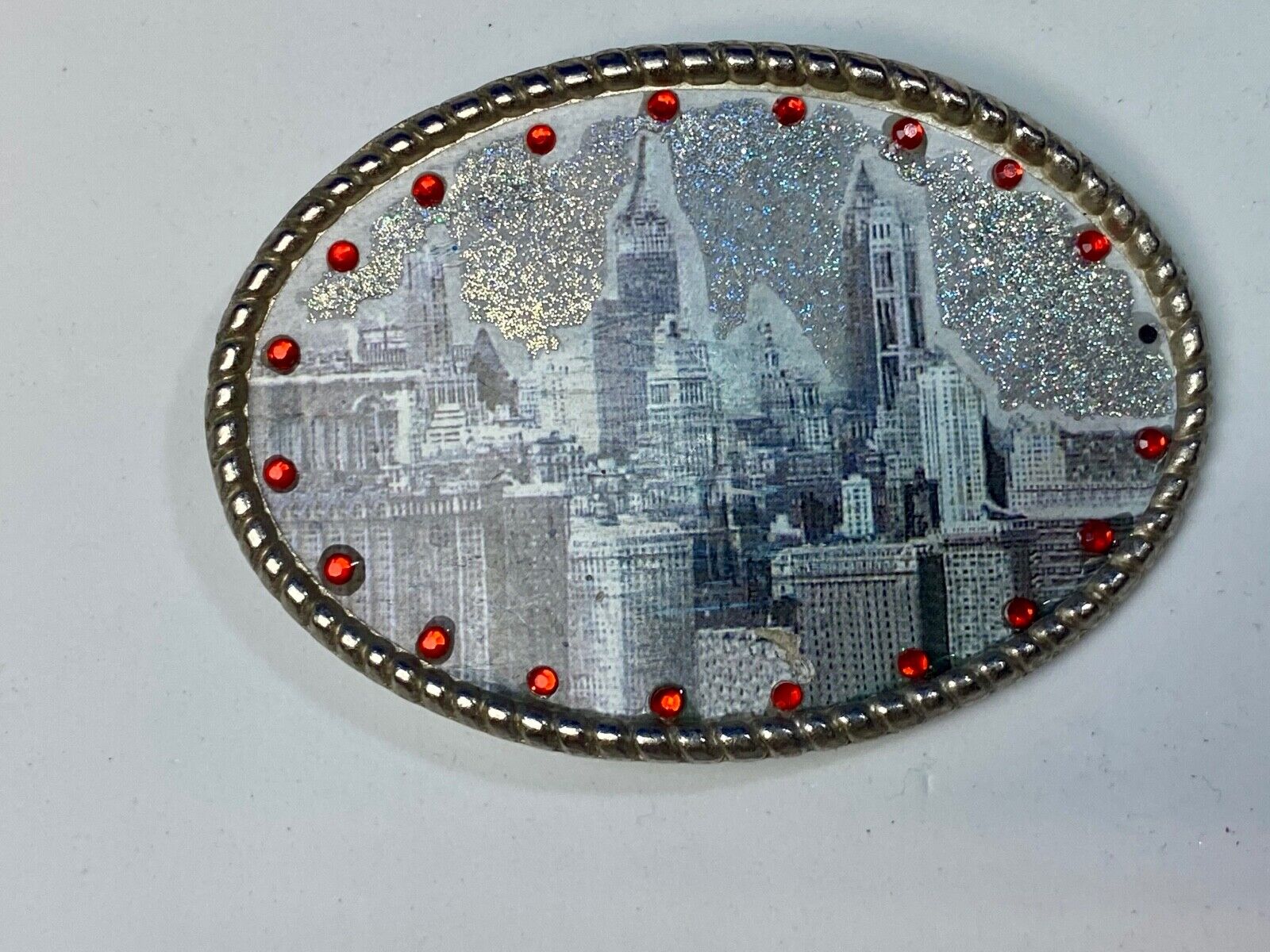 Black & White Cityscape Red Rhinestones Oval belt buckle