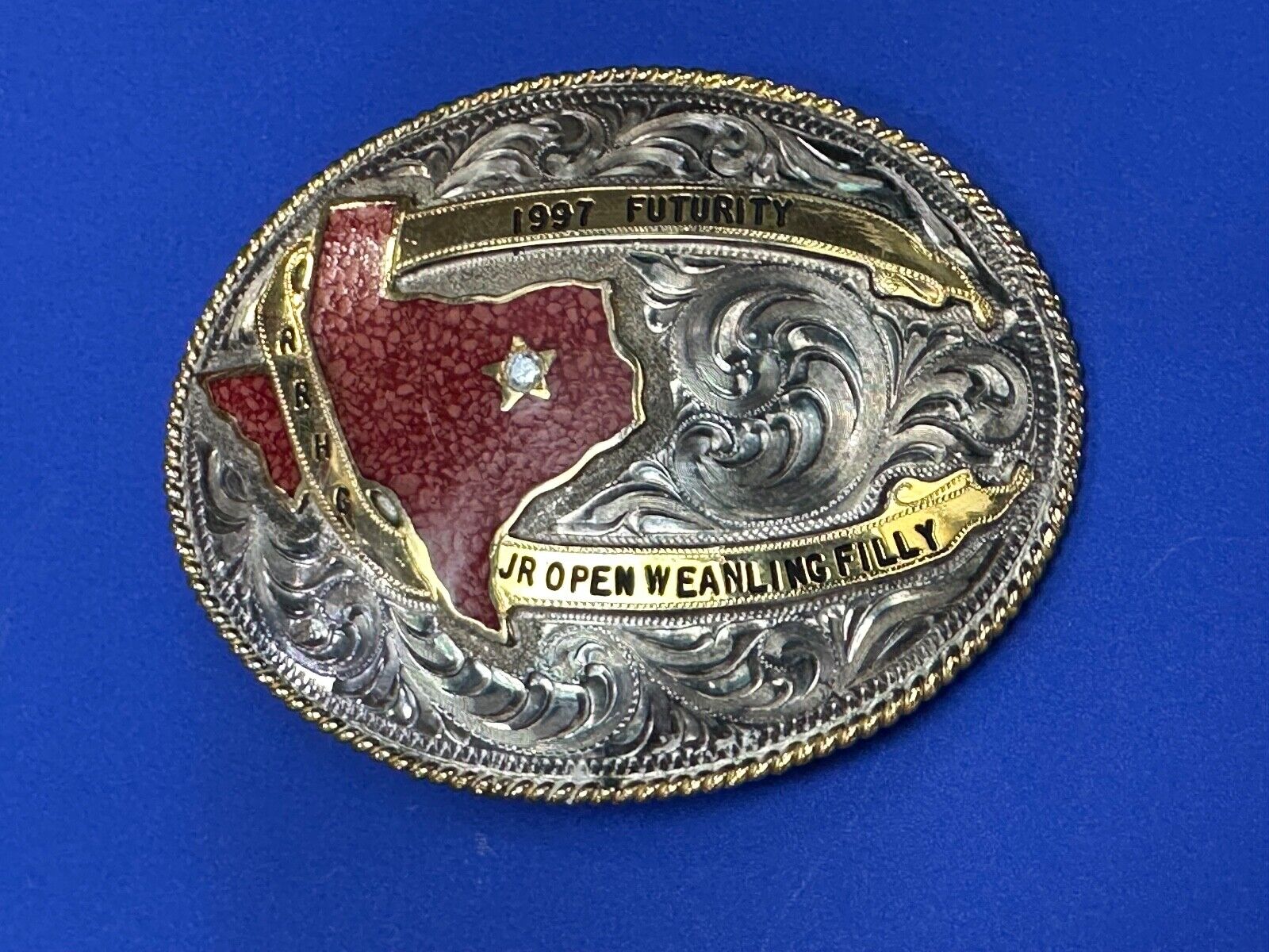 TEXAS Inlaid Coral Chip  JR Open Weanling Filly 1997 Futurity Trophy belt buckle