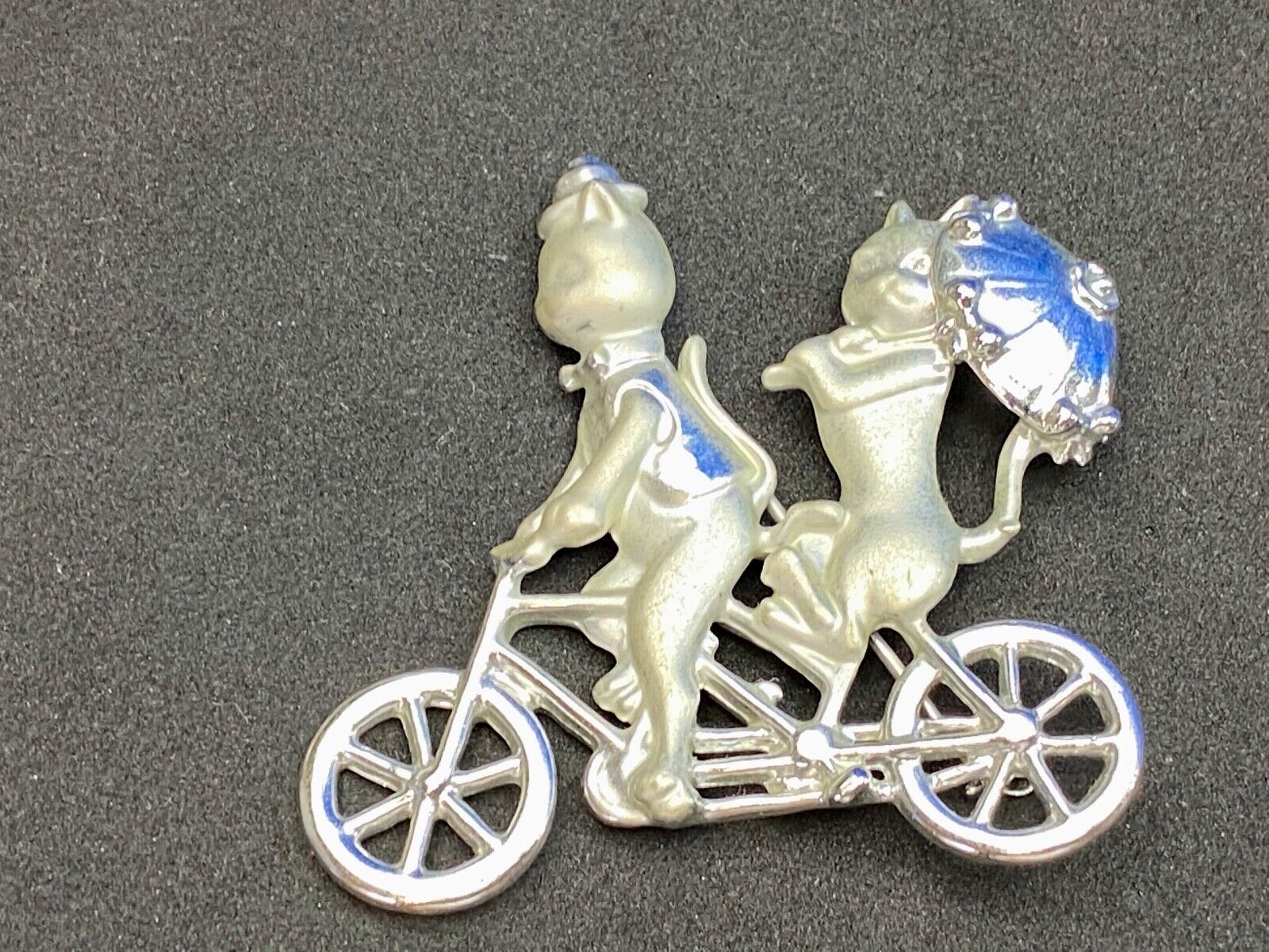 Vintage AJC Two Cats Riding Bicycle  with Umbrella Silver Tone Brooch Pin