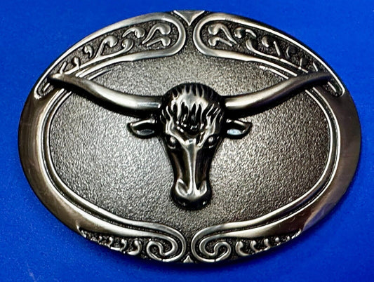 Texas Longhorn Steer Rodeo Bull Vintage Silver Tone Western Oval Belt Buckle