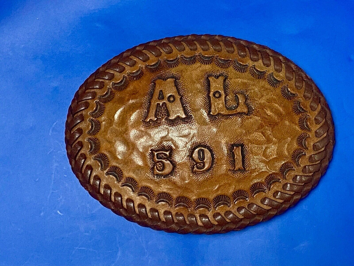 Al 591 Large Leather Tooled Stitched Name Western Belt Buckle.