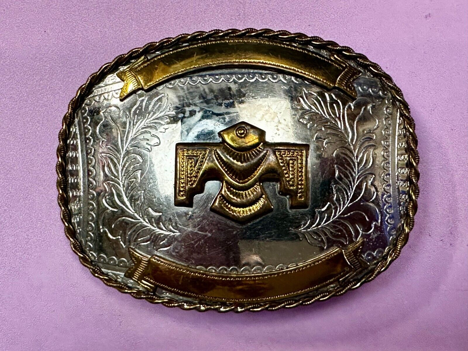 Thunderbird Embalm and Blank Engravable Ribbon Vintage Nickel Silver Belt Buckle