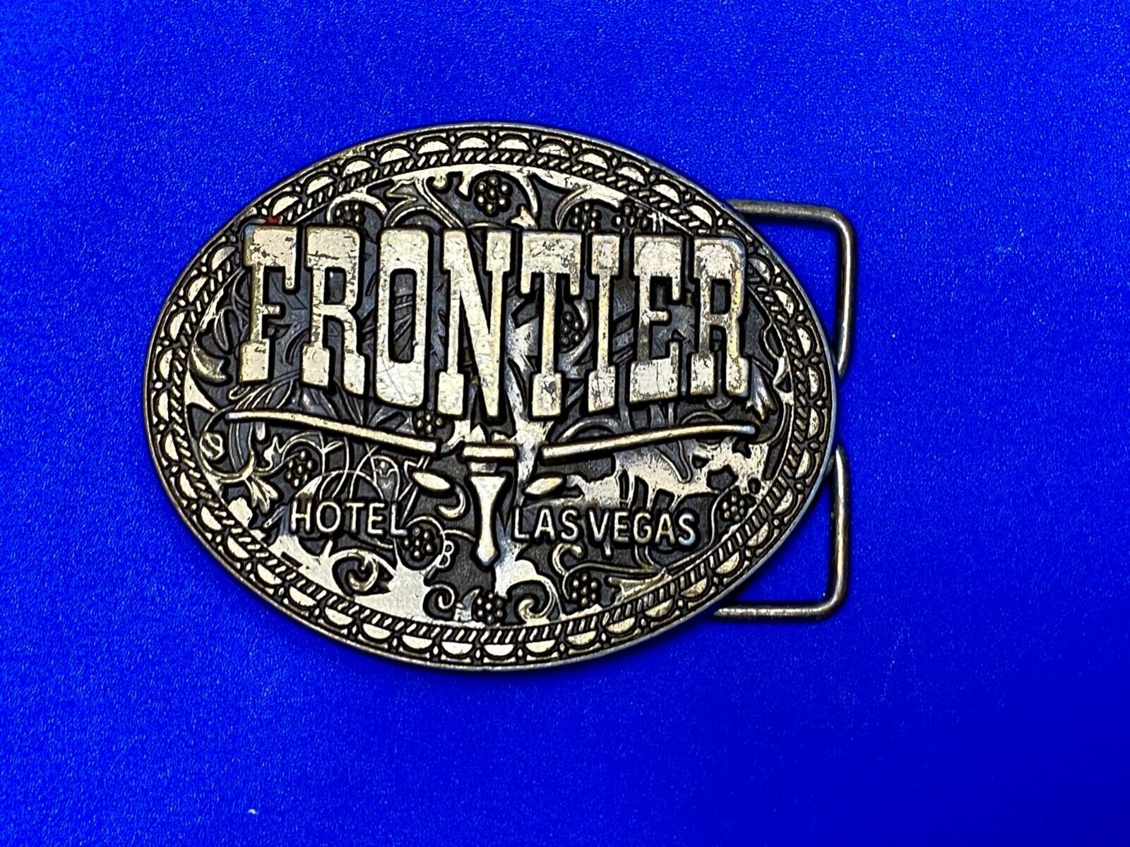 Vintage  Frontier Hotel Old Las Vegas Belt Buckle Casino Nevada Western Longhorn