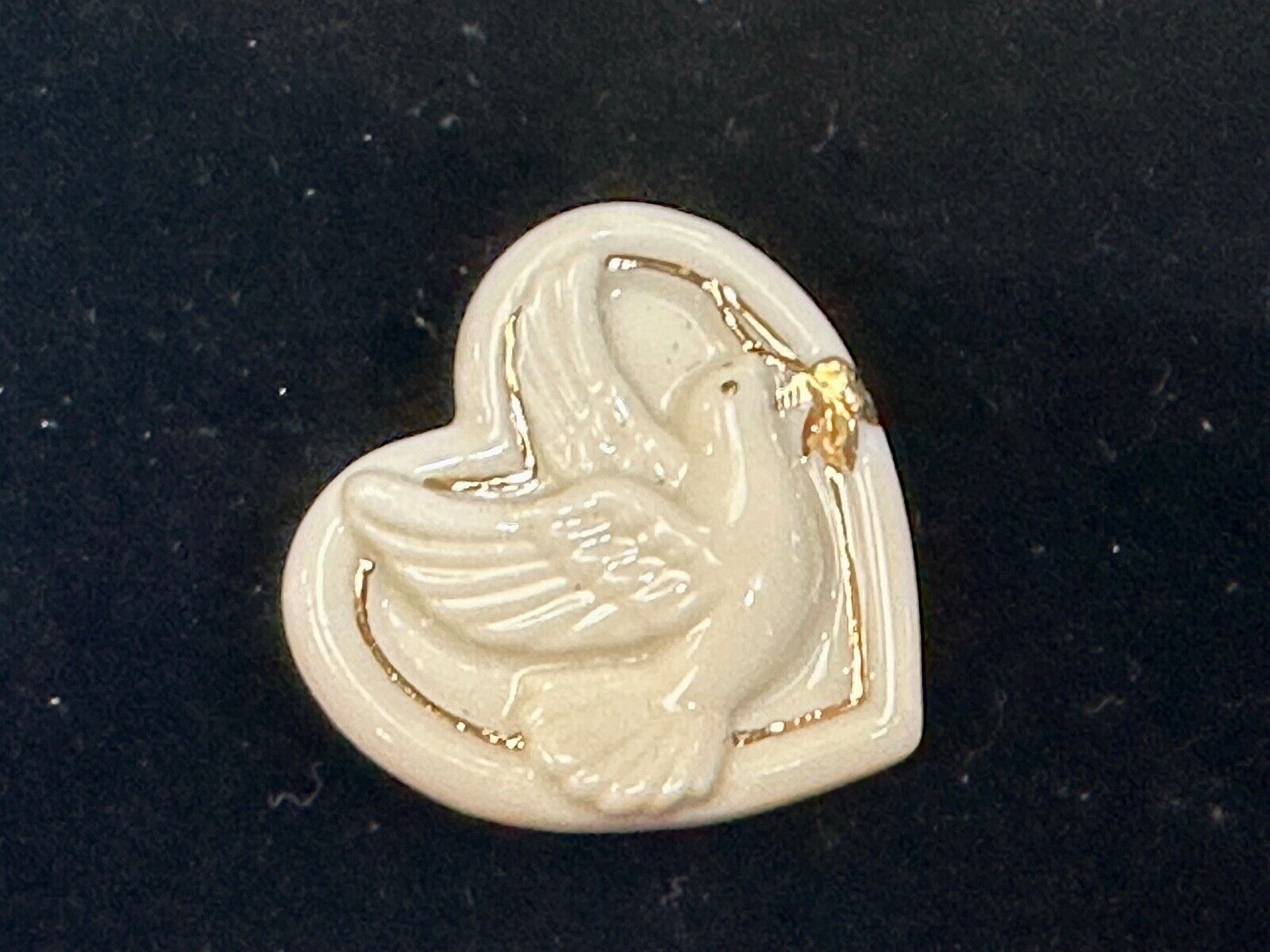 Vintage Lenox Heart Shaped Brooch with Peace Dove & Olive Branch, Gold Trim