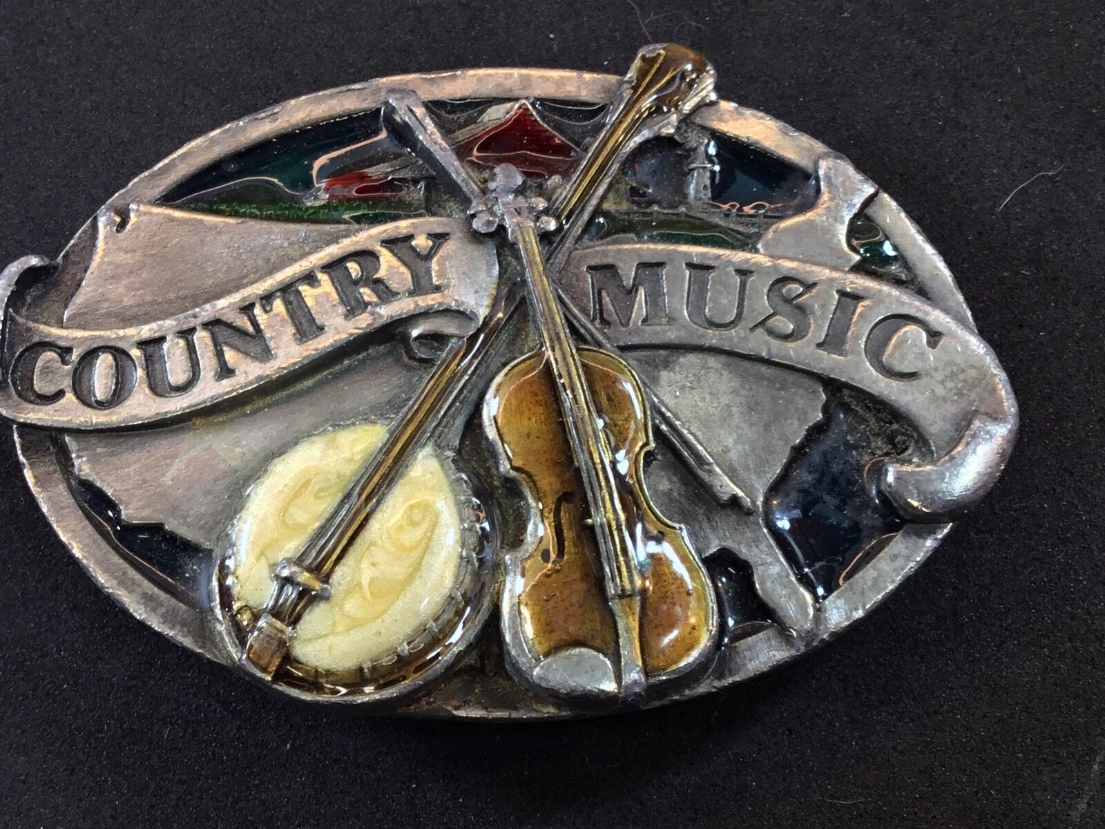 Vintage enamel  COUNTRY MUSIC tribute E-29  Pewter Belt Buckle     