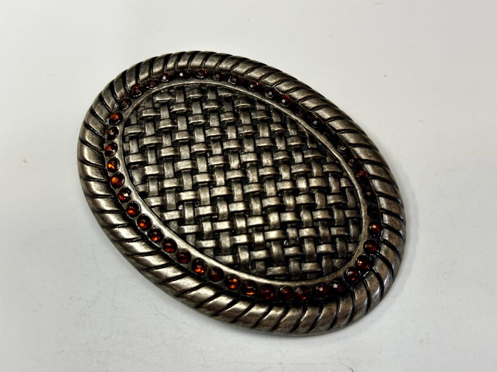 Basket Weave Design Rhinestone Border Vintage Metal Oval Belt Buckle