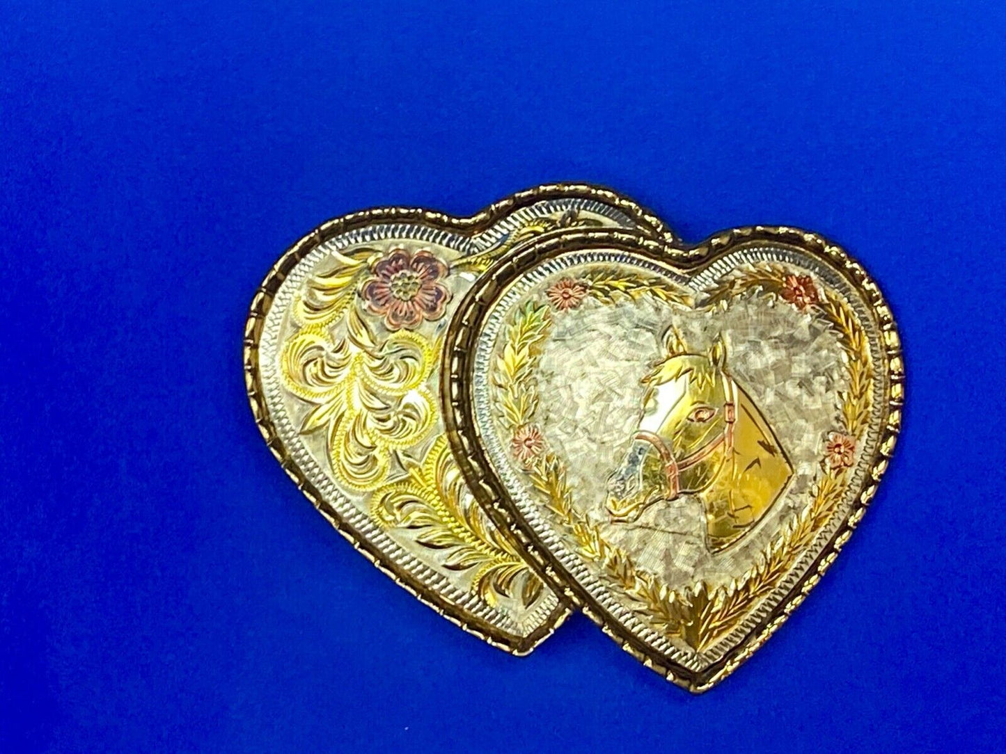 Two Hearts - Horse Head & Ornate Flower Swirl Cut Out Etched Belt Buckle - W
