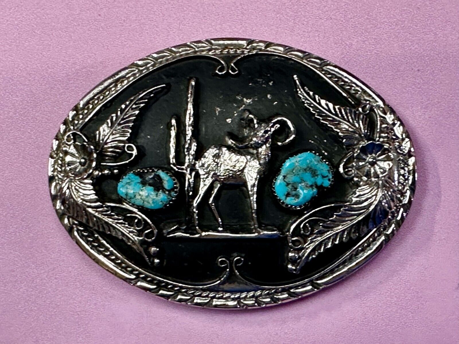 Bighorn Sheep Ram Mountain Goat Turquoise Stone Flower Leaf Western Belt Buckle
