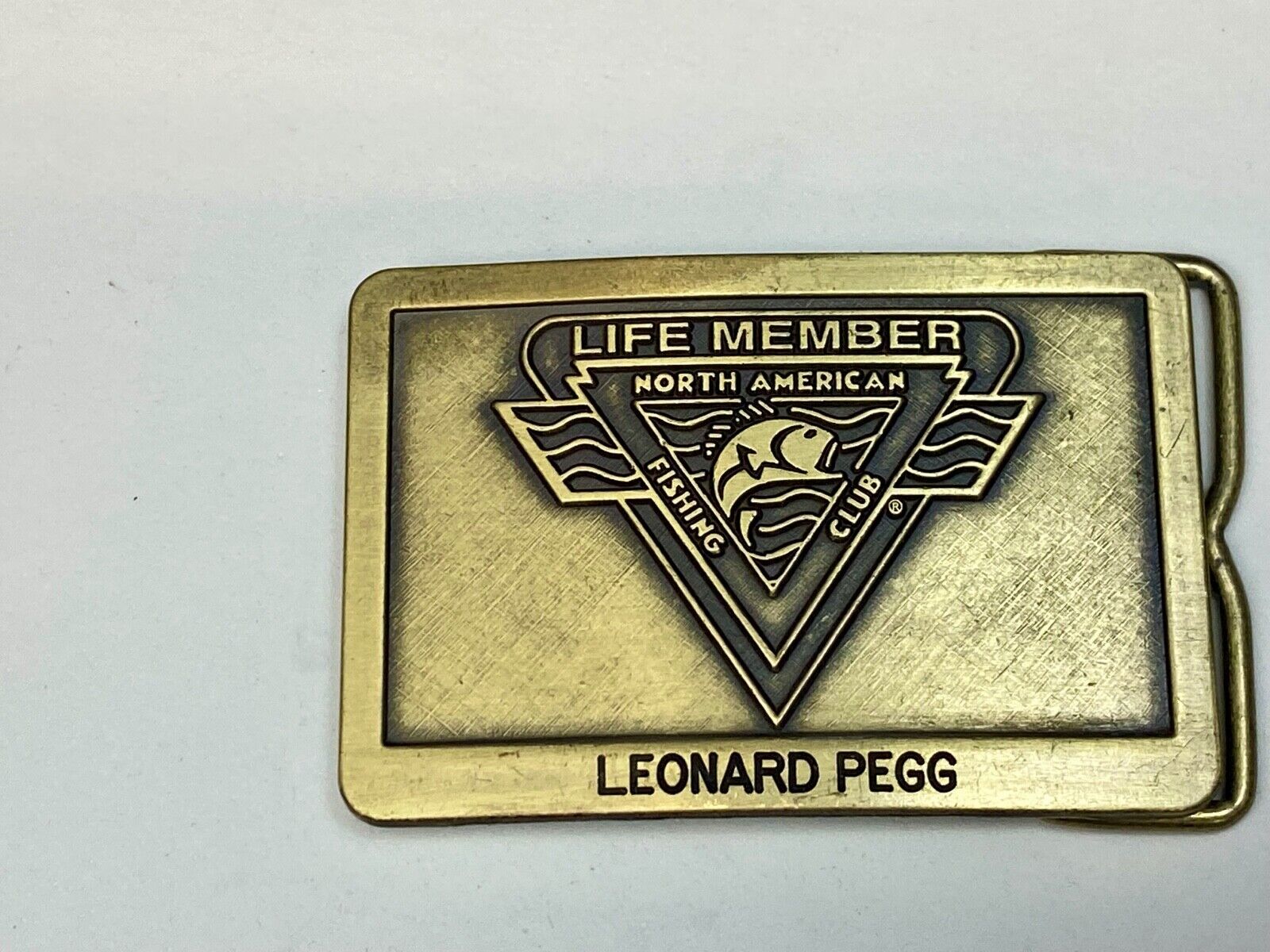 Vintage Life Member of the North American Fishing Club brass tone belt buckle 
