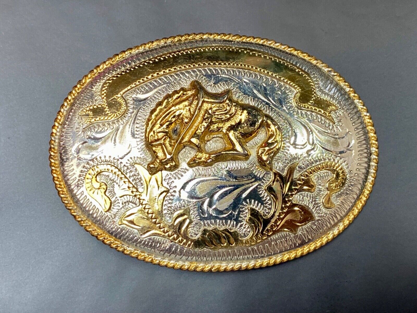 Vintage Horse w/ award ribbon scroll Alpaca Mexico Stamped western belt buckle