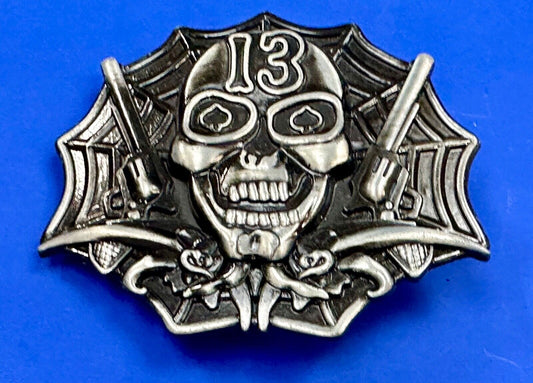 Vampire Skull with bat wings and number 13 metal belt buckle