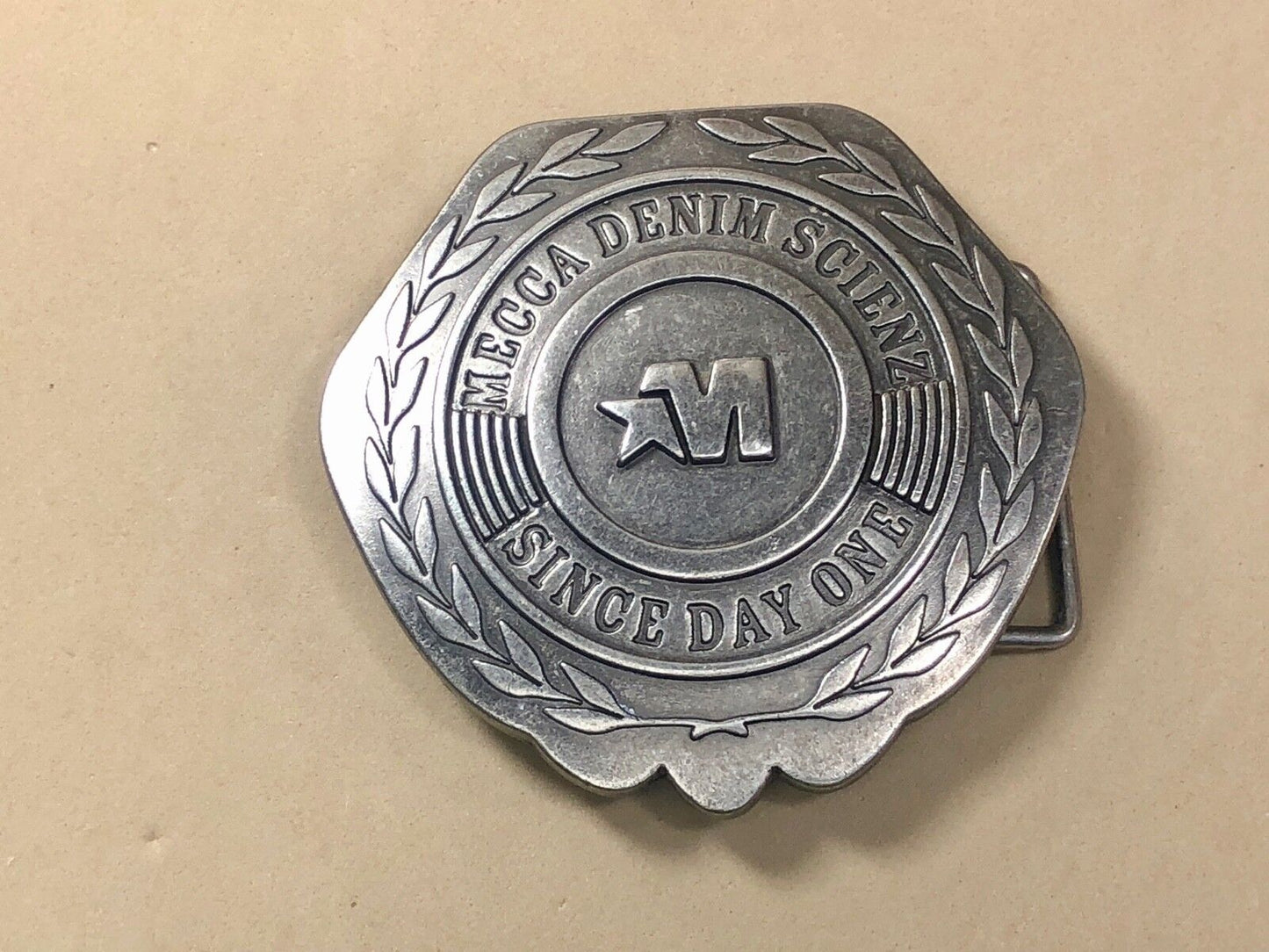 Unique shape , Vintage MECCA DENIM SCIENZ BELT BUCKLE - SINCE DAY ONE
