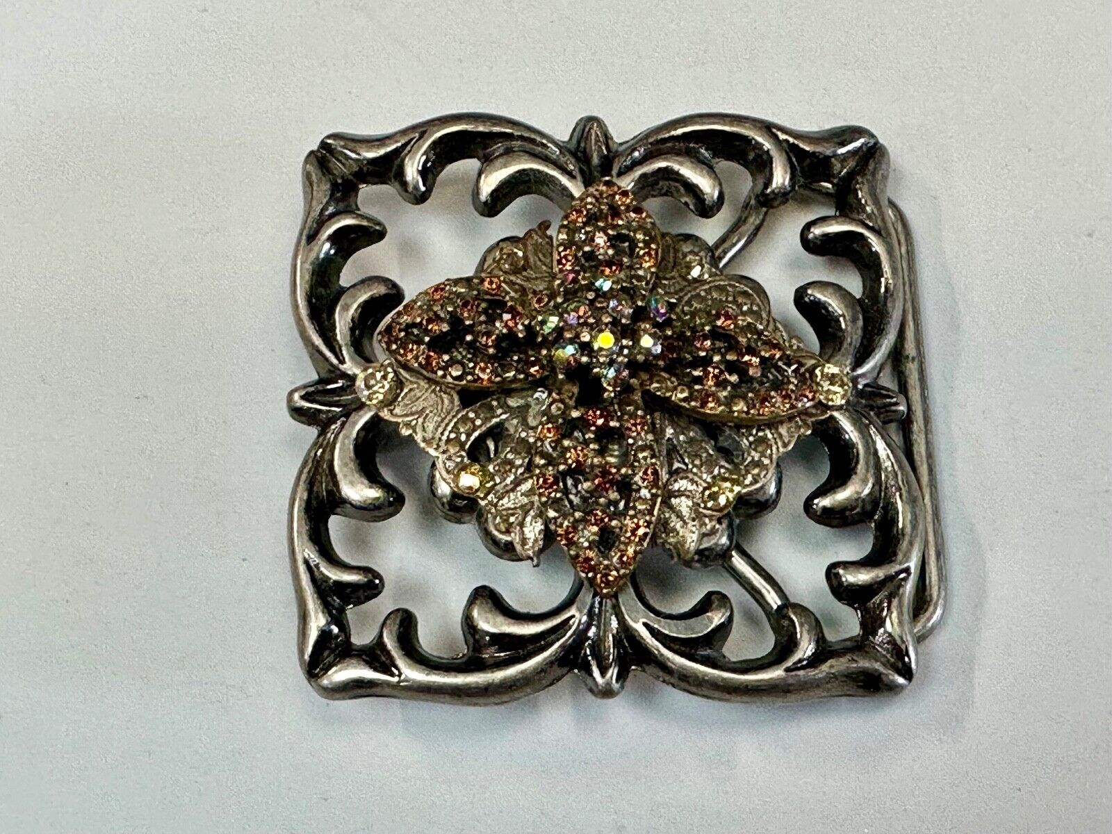 Artisan unique rhinestone mixed media see through silver tone belt buckle