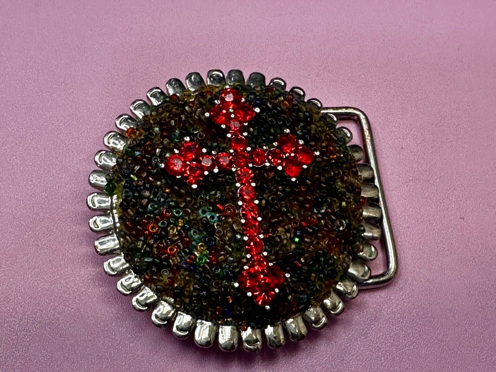Artisan Religious Red Cross Rhinestone Covered Unique Round Chunky Belt Buckle