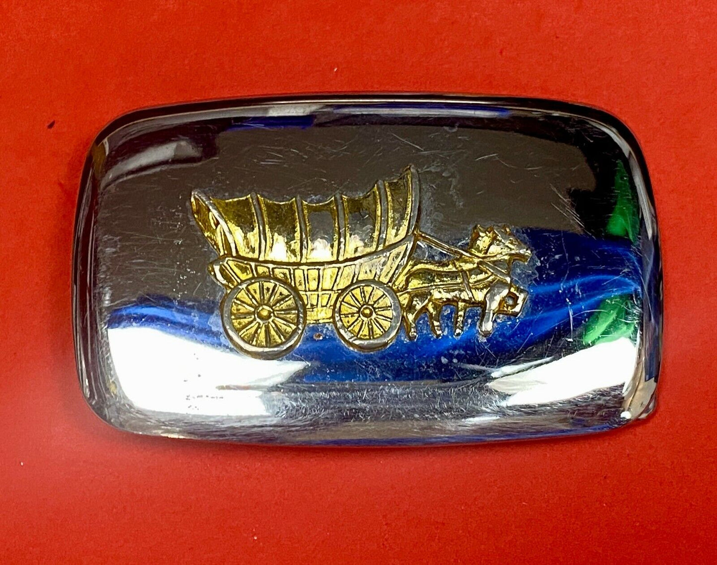 Usa Made Horse Drawn Covered Wagon - Dual Tone Rectangular Western Belt Buckle