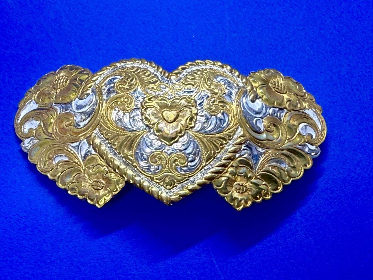 Triple Heart Shaped Heavy Silver Plate on Jewelers' Bronze Crumrine Belt Buckle