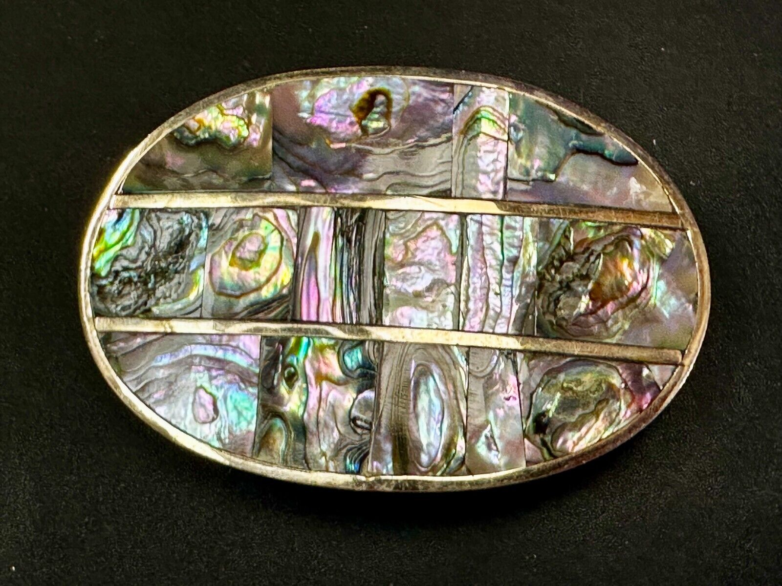 Artisan Natural Abalone Shell Vintage Belt Buckle Stamped Alpaca Mexico