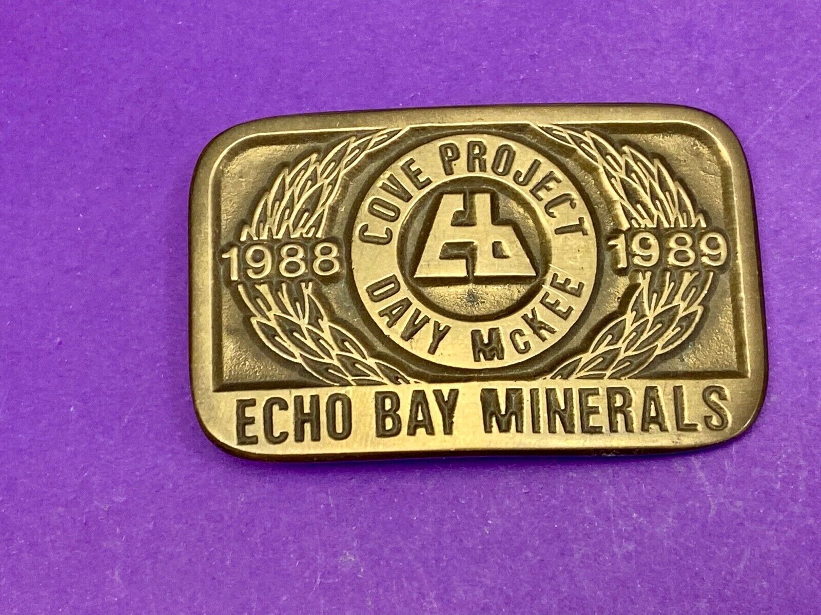 Vintage 1989 **ECHO BAY MINERALS** COVE PROJECT MINING SOLID BRASS BUCKLE