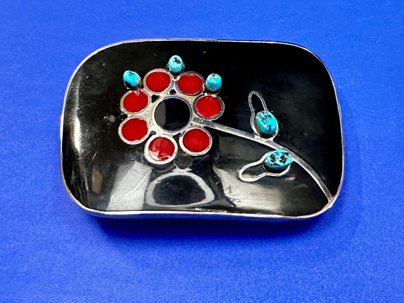 Turquoise Stone Floral Theme Native American Indian Artisan Silver Belt Buckle