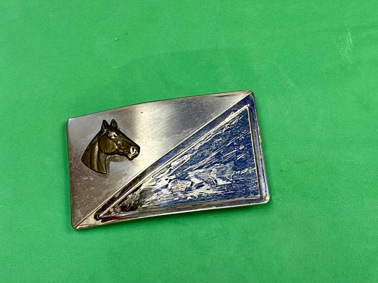 Vintage Horse Head On Nickel Silver Rectangular Belt Buckle