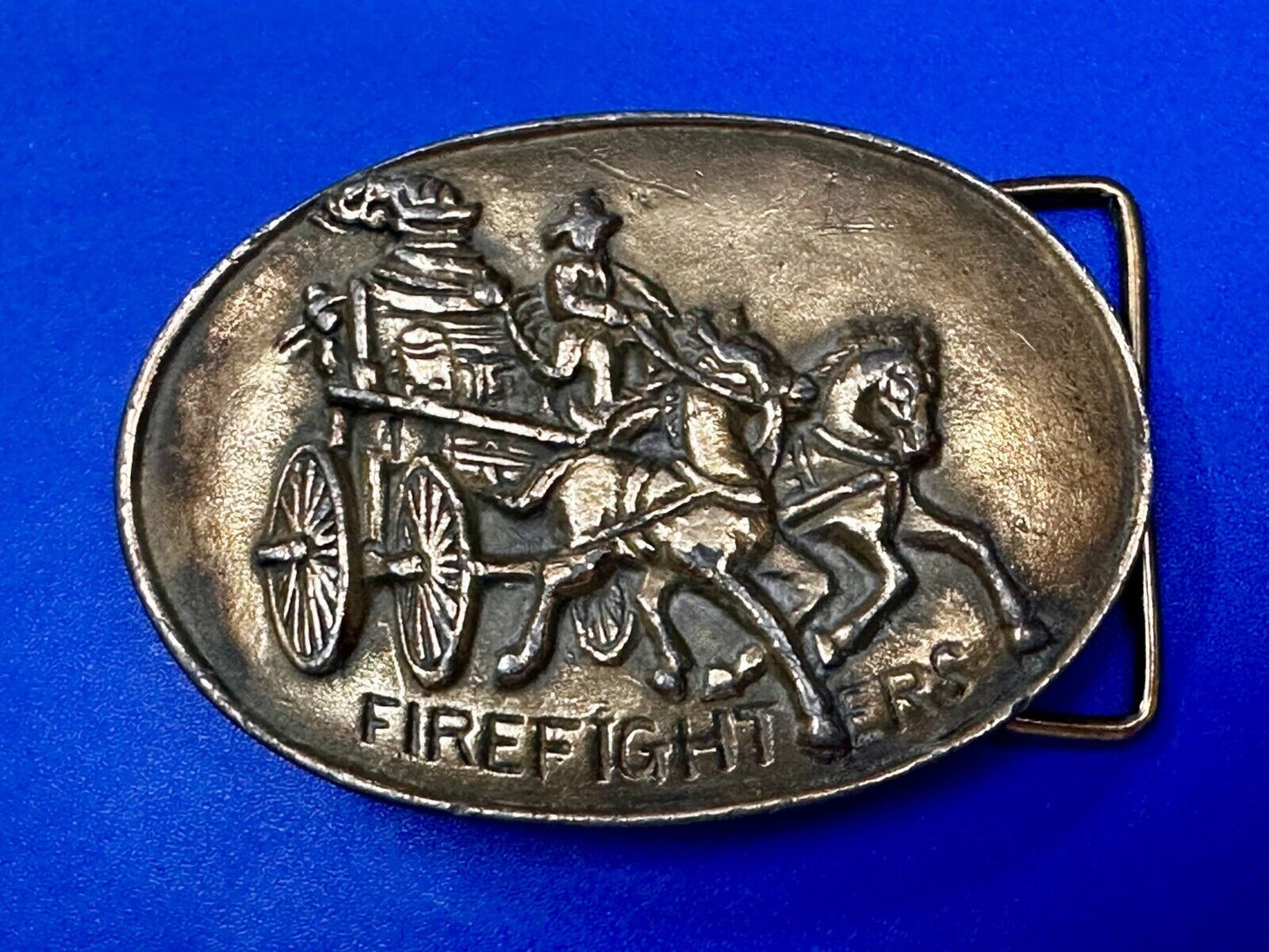 Antique Fire Fighters Fireman Horse Drawn Pumper Wagon Vintage Belt Buckle