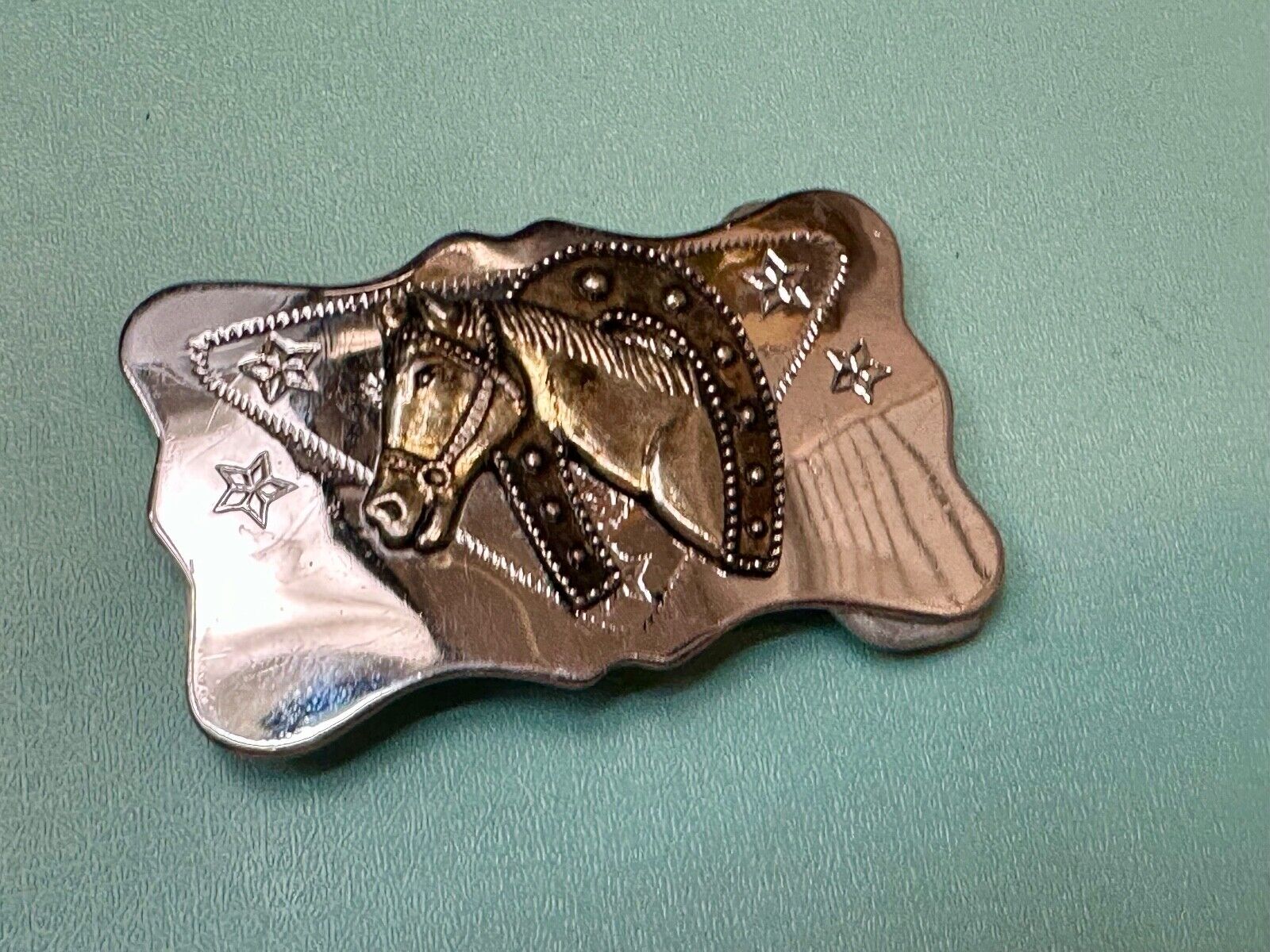 Vintage Horse head through horseshoe on reflective two tone belt buckle