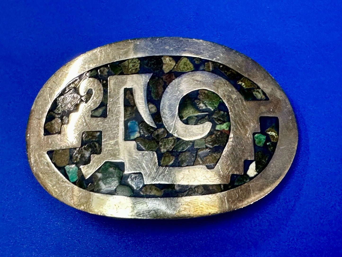 Vintage Inlaid Abalone Shell AZTEC MAYAN Theme Mexico Made? Belt Buckle