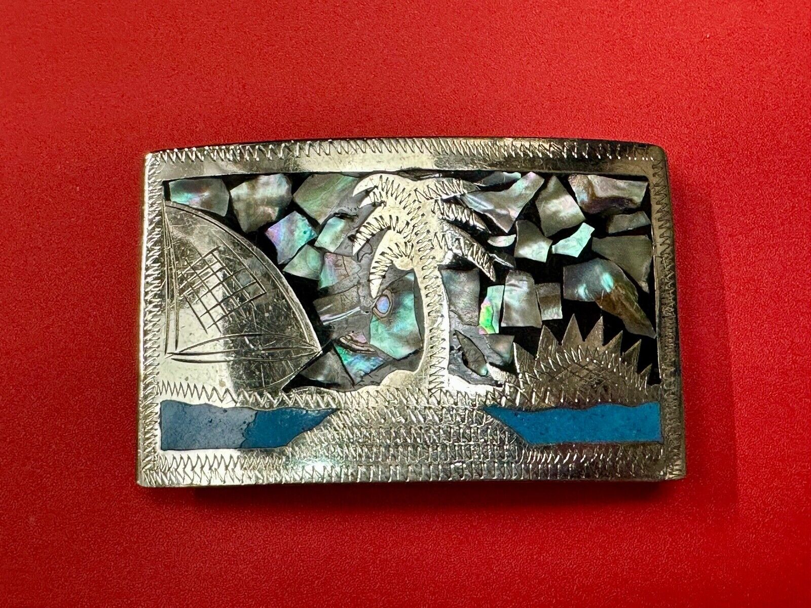 Beach Scene with Palm Tree - Inlaid Turquoise, Abalone Shell Vintage belt buckle