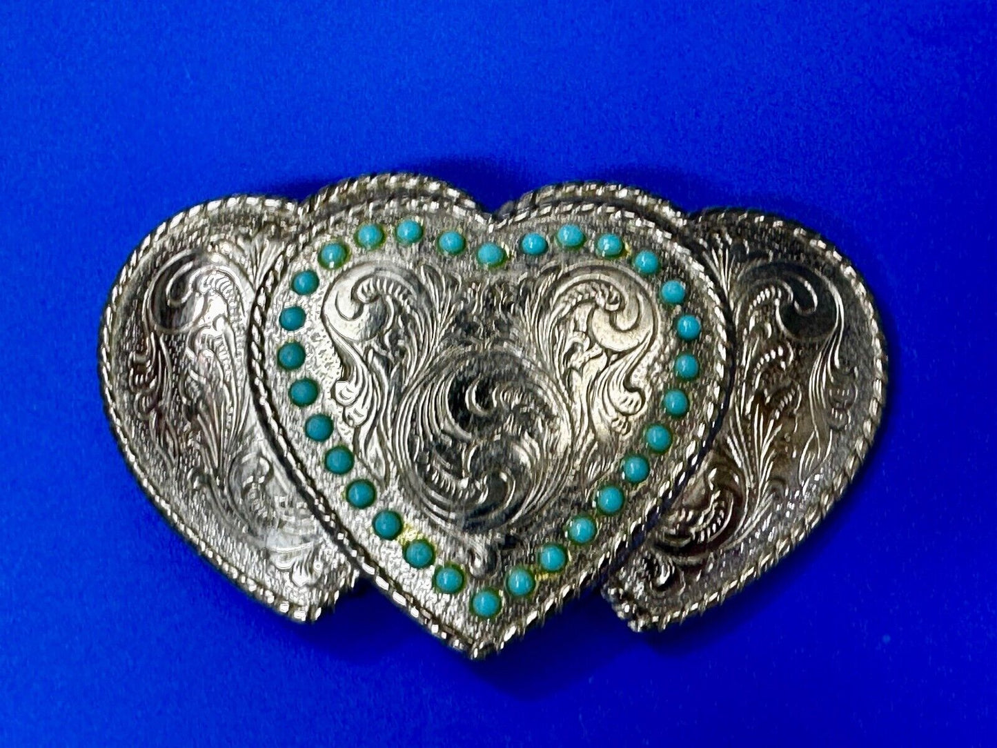 Triple 3 Hearts - Turquoise Colored Accented Or Outlined Three Heart Belt Buckle