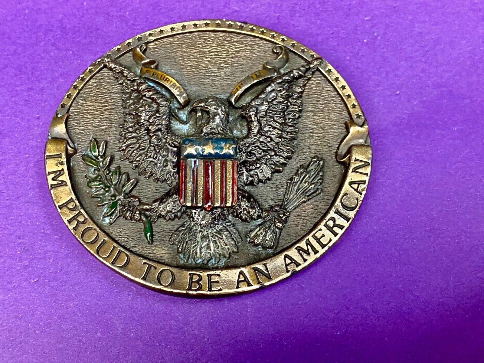 Vintage 1981 Im proud to be an American belt buckle by Bergamot  Eagle and Crest