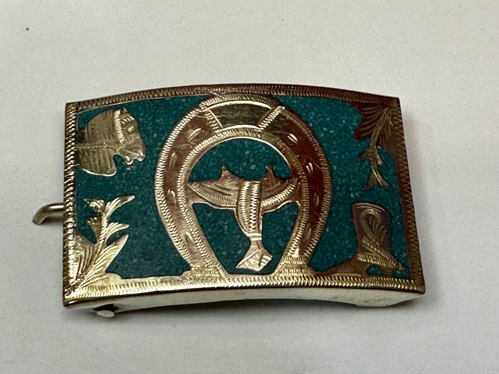 Turquoise Inlaid  Western Horse Cowboy Horseshoe Belt Buckle Stamped Alpaca