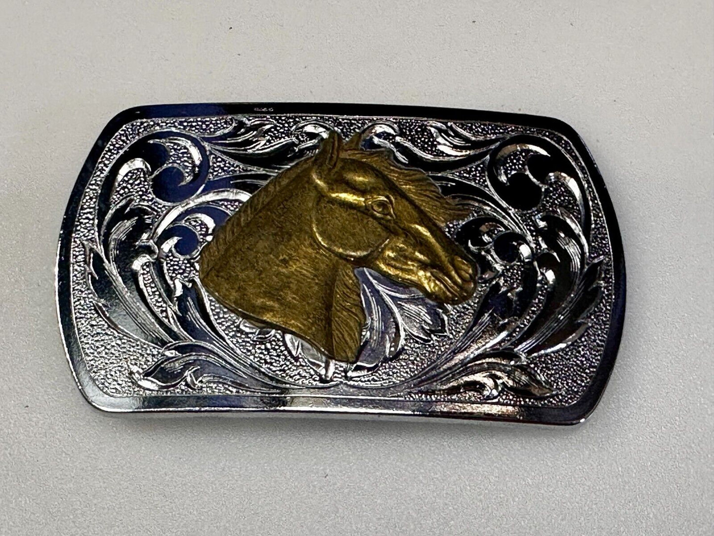 Two Tone Horse Head Vintage Western Flower Swirl Design Belt Buckle
