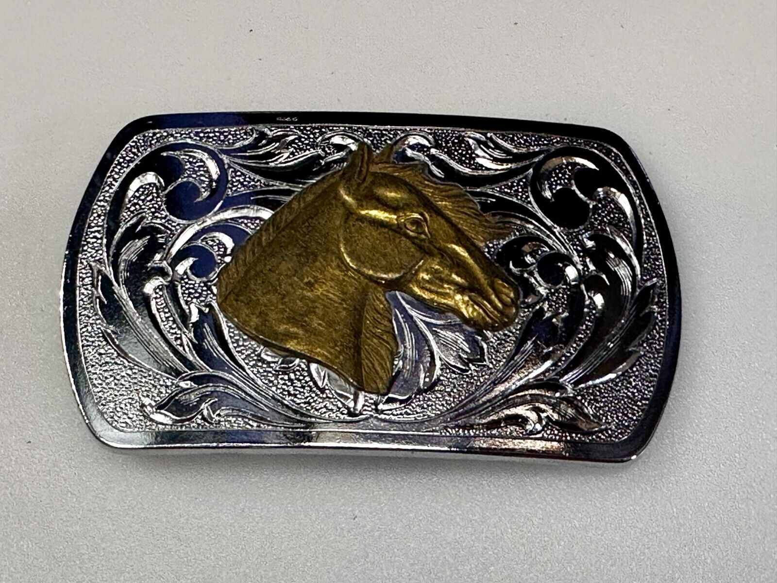 Two Tone Horse Head Vintage Western Flower Swirl Design Belt Buckle