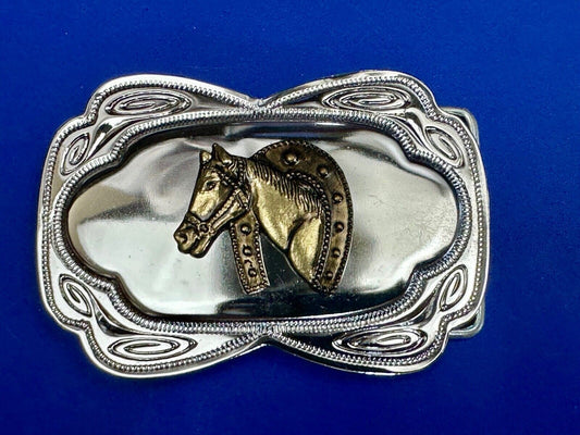Beautiful NOS Horse head through lucky horseshoe -  Two tone belt buckle